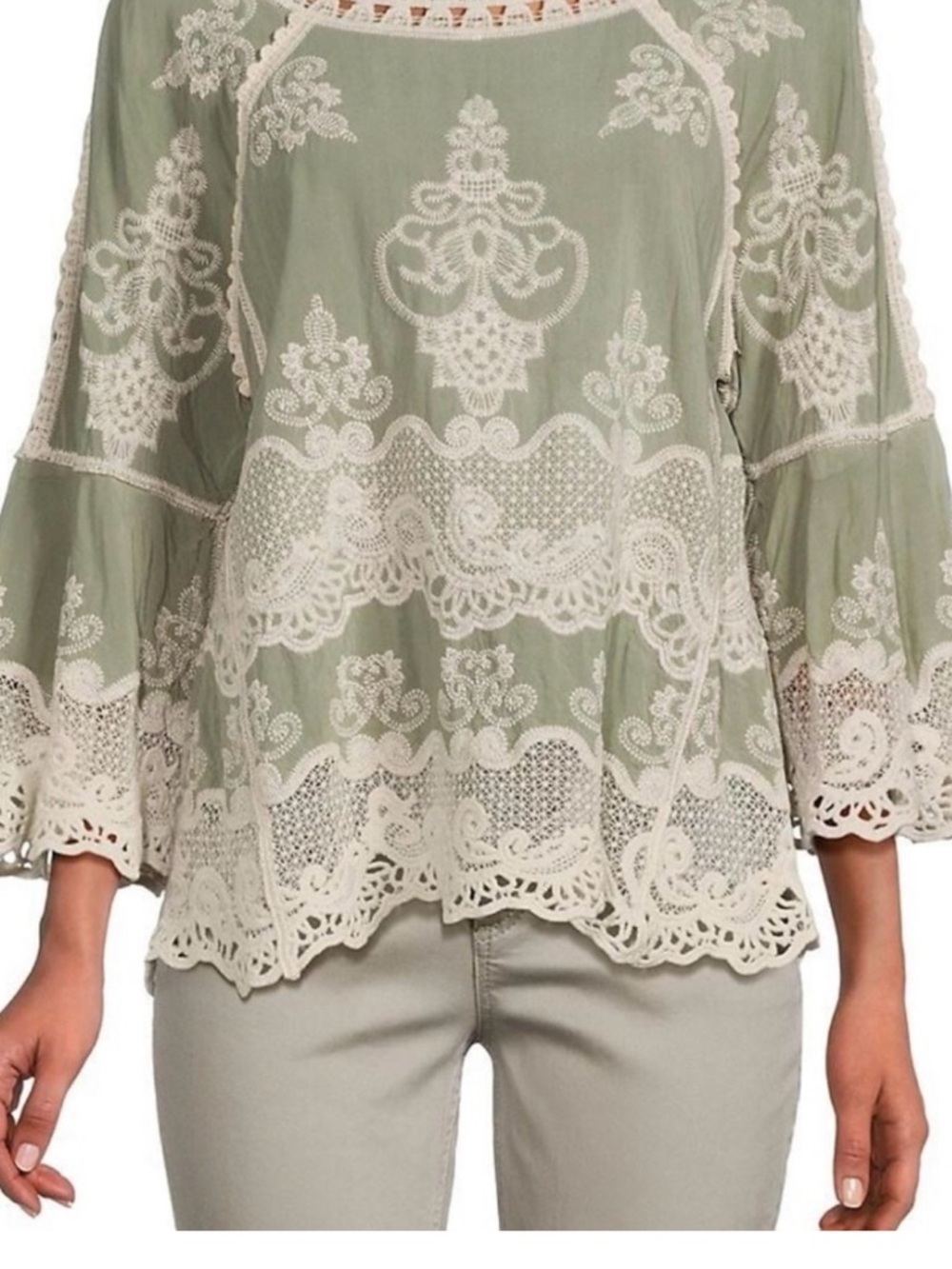Coquette Lace-Trim Embroidered Peasant Top - Sage/Cream! S